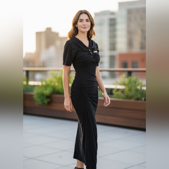 Jonathan Simkhai Ruched Bodycon Midi Dress Size Small Black Modal Cut Out - Picture 1 of 9